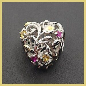 Heart-Shaped Sterling‎ Silver Charm With Intricate Floral Design (NWOT)